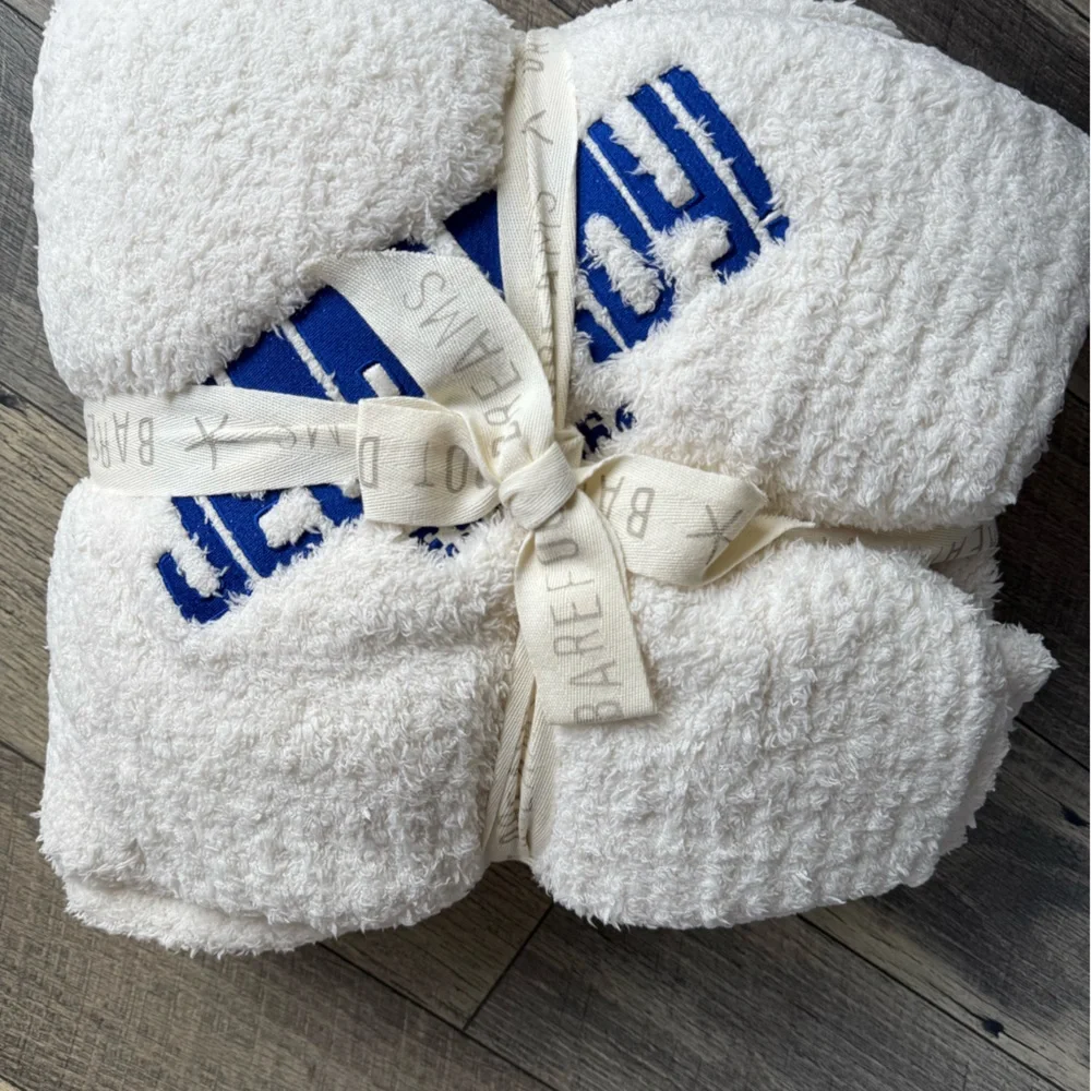 NWT Jeopardy! Barefoot Dreams Cream Throw Blanket Blue Lettering